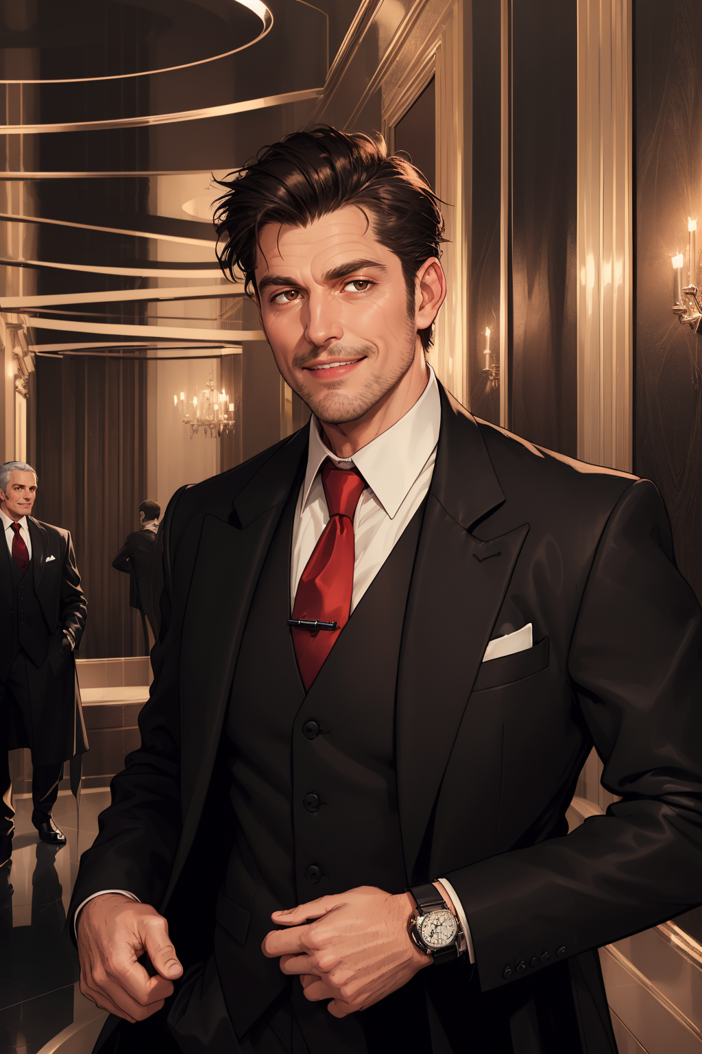 00249-1137441793-man, black suit, long overcoat, watch, vest, fancy hotel lobby, chrome wall, brown eyes, smiling, red tie, white shirt, (round f.png